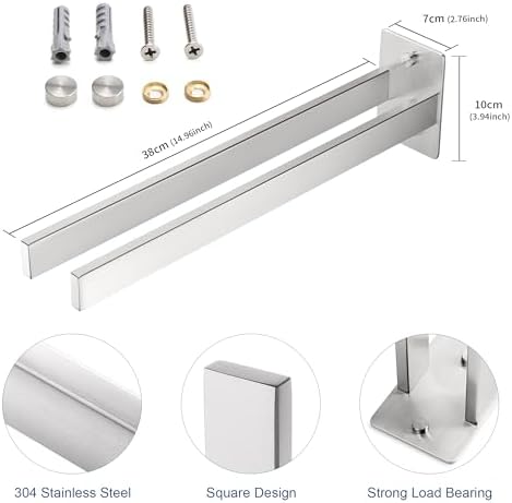 Handdoekhouder, boren, roestvrij staal 304, handdoekstang, dubbele handdoekhouder, rechthoekig, wandhanddoekhouder voor badkamer en keuken, 38 cm, zilver