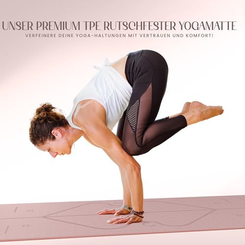 Yogamat 6 mm antislip – TPE-fitnessmat voor yoga, pilates en thuisworkouts – Antislip sportmat met uitlijningslijnen – Gymnastiekmat voor dames