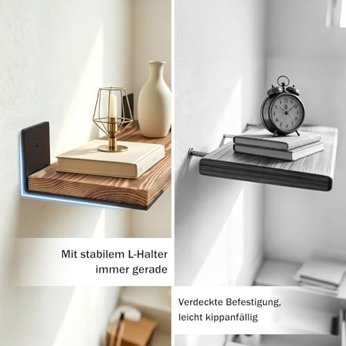 Wandplank 60 cm, set van 2, massief houten hangplanken met stalen beugels, draagvermogen 15 kg, decoratieve plank voor woonkamer/slaapkamer/kantoor – gerookt eiken & zwart