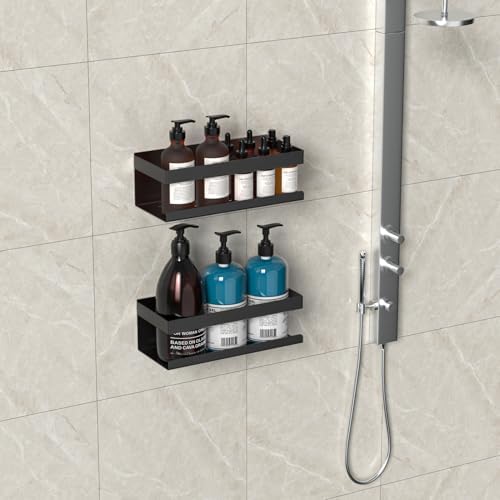 SUS304 roestvrijstalen doucheplank, boren niet nodig, set van 2, badkamerplank-organizer, shampoo- en douchegelhouder voor in de douche (zwart, set van 2