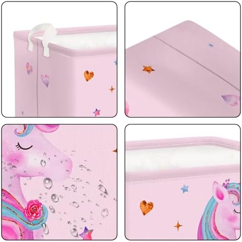 Roze eenhoorn-wasmand voor kinderen met handvat, opvouwbare opbergmand voor kleding en speelgoed, opbergbox voor meisjes, voor babykamer en badkamer, hart, 40 x 30 x 30 cm