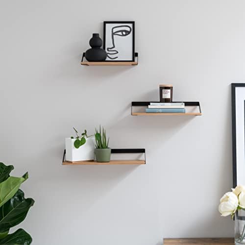Wandrek-set, hangende rekken van metaal en echt houtfineer, wanddecoratie en rek voor badkamer, woonkamer, keuken, slaapkamer en Mo