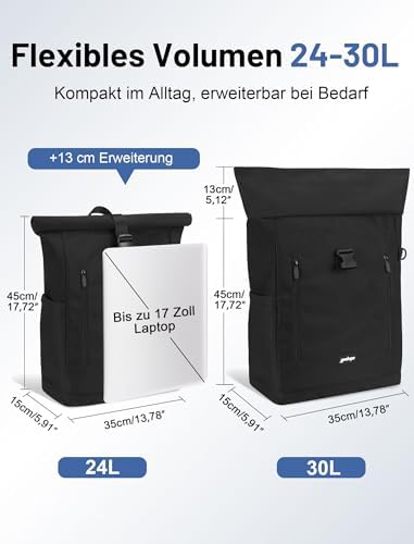 Rugzak voor dames en heren, rolltop-rugzak, waterdichte laptoprugzak, schoolrugzak met 15,6-inch laptopvak, vrijetijdsrugzak, dagrugzak voor de universiteit