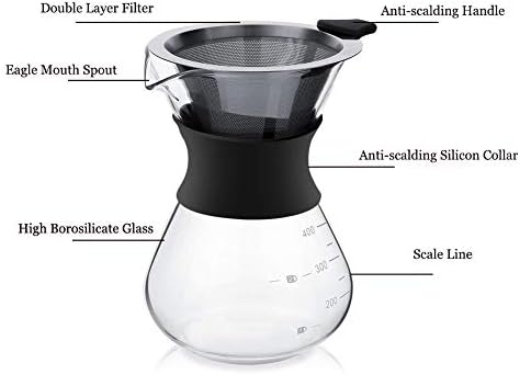 Pour-over-koffiezetapparaat, handkoffiezetapparaat, roestvrijstalen handfilter, glas met permanentfilter (400 ml), zwart