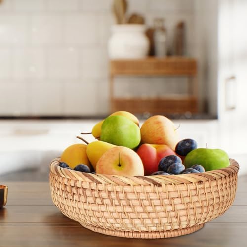 Rond rotan dienblad, handgevlochten decoratief dienblad, ronde fruitschalen van natuurlijk rotan, gevlochten opbergmand voor fruit, brood, koekjes, snoep, sp