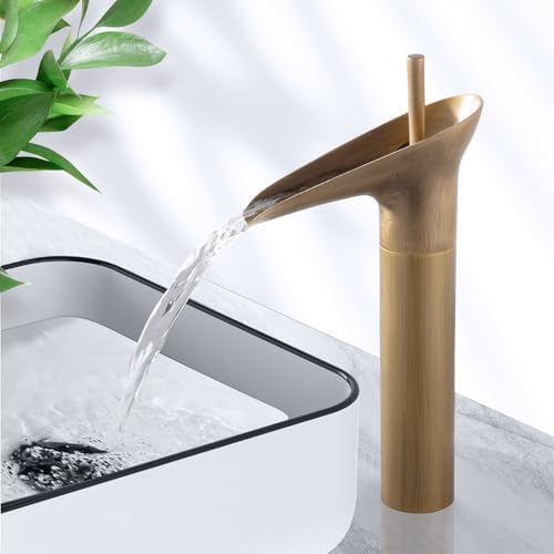 Badkamerkraan, antiek messing, hoge wastafelkraan, retro, eengreeps waterval-wastafelkranen, mengkraan, badkamerkraan, koud en warm water, messing voor de badkamer, 3/8 inch