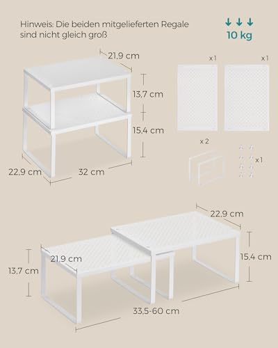 Kruidenrek, set van 4, keukenrek, keukenorganizer, keuken, kruidenhouder, uitbreidbaar, stapelbaar, klein rek, metaal, wit KCS006W01