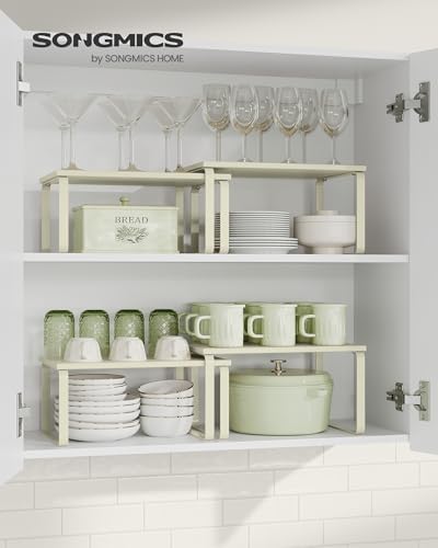 Kruidenrek, set van 2 keukenorganizers, keukenrek, kastorganizer voor de keuken, uitbreidbaar, klein rek, stapelbaar, van metaal en houtcomposiet, crèmewit