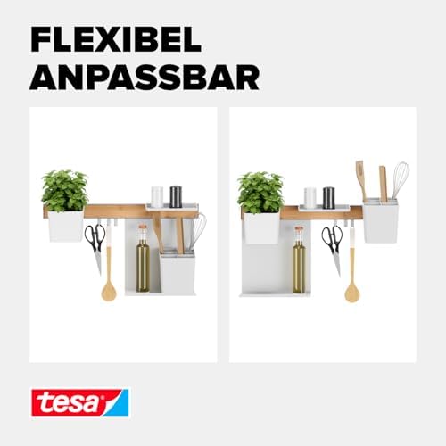 Tesa keukenorganizer combiset M – zelfklevende keukenrail met kruidenpot, 2 legplanken, houder voor keukengerei, haakrail incl. 3 haken – montage