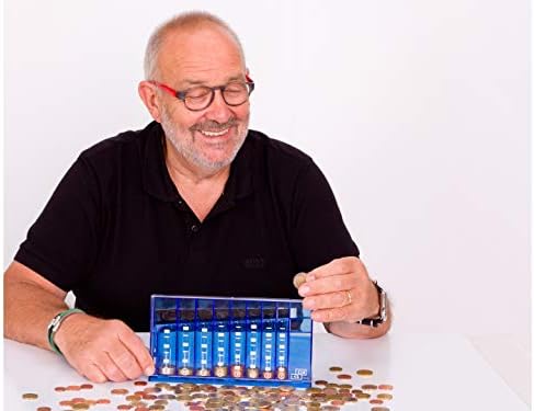 Muntensorteerder, euro-spaarpot, voor op kantoor en in de kinderkamer, als cadeau voor volwassenen en kinderen, gemaakt van gerecycled materiaal, afsluitbaar (met sleutel), transparant blauw