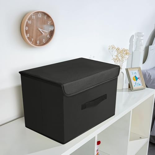 Set van 2 opbergboxen met deksel, opvouwbare opbergbox met handvat, opbergmanden van stof, kledingkast-organizer, opvouwbare box voor kleding, zwart