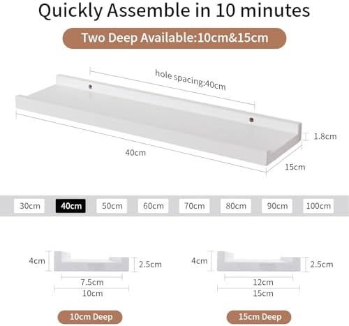 Wandplank, wit, fotolijst van eikenhout, aan de muur bevestigde zwevende planken, hangende plank voor slaapkamer, keuken, badkamer, woonkamer, 40 x 15 cm
