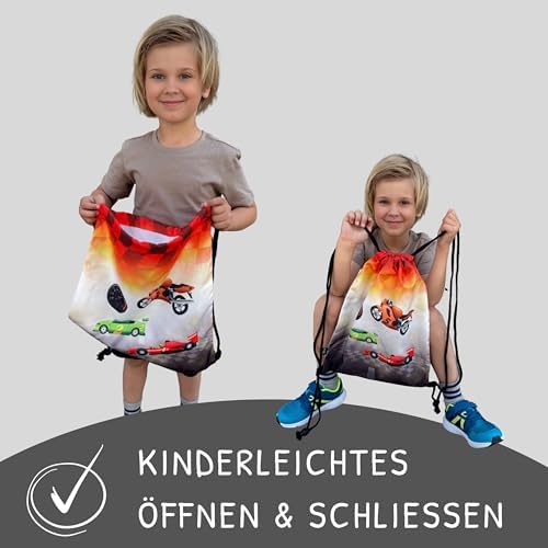 Kindersporttas raceauto – 40 x 32 cm – sportkleding waterfles – kleuterschool, school, stoffen tas kinderdagverblijf – rugzak, tas, sportrugzak, sporttas B