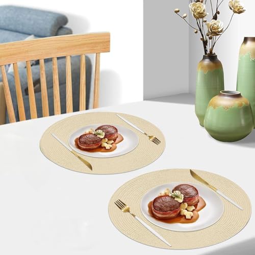 Ronde placemats, set van 6, wasbaar, 34 cm, hittebestendige placemats, onderleggers voor in de keuken, diner (beige)