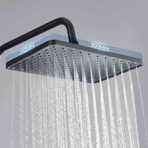Douchesysteem met thermostaat en glazen plank, douchekraan, complete set met 12-inch regendouchekop, handdouche, 3 straalsoorten, waterbesparend, in