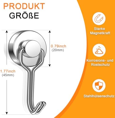 Magnetische haken, extra sterk, 12 stuks, 20 mm, neodymium magnetische haken, draagvermogen 15 kg, draaibare magnetische haken, roestvrijstalen haken voor keuken, koelkast
