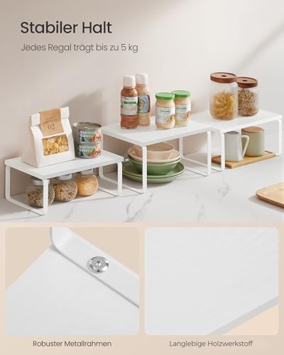 Kruidenrek, set van 3 keukenorganizers, keukenrek, stapelbaar, uitbreidbaar, metaal en houtcomposiet, sneeuwwit-matwit KCS220W01