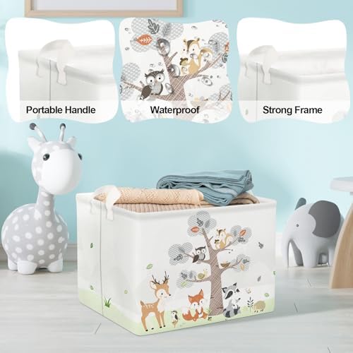 Opbergmand van 36 l met bosdieren (herten, vossen) voor kinderen, met handvat, witte rechthoekige opbergbox voor speelgoed en kleding voor de kinderkamer en badkamer