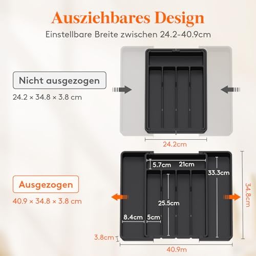 Bestekbak voor lades 40–50, verstelbare kunststof organizer voor de keuken, diepte 35 cm, bestekbak met 5–7 vakken, uitbreidbaar tot 41 cm, voor lepels