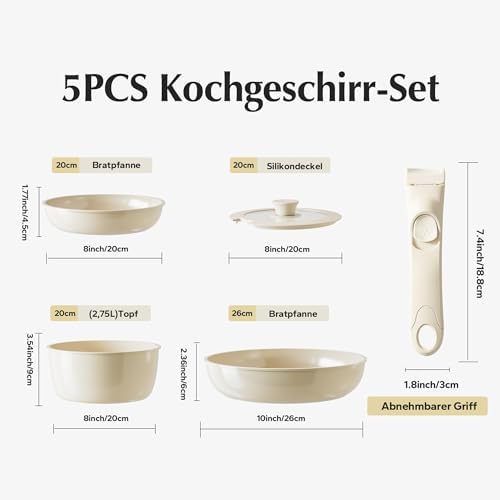 Keramische pannenset met afneembare handgreep, 5-delig, pannen met afneembare handgreep, geschikt voor inductie, ruimtebesparend kookgerei (PTFE-vrij, PFAS-vrij, PFOA-vrij),
