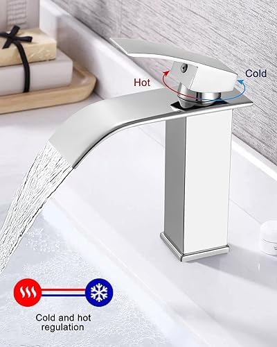 Wastafelkraan, badkamerkraan, kraan voor wastafel, waterval-badkamerkraan in chroom, geschikt voor koud en warm water, met aantrekkelijk design