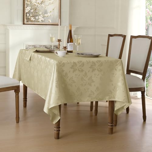 Beige tafelkleed voor buiten, wasbaar, 140 x 240 cm, rechthoekig, bloemen, jacquard-damastpatroon, waterafstotend tafelkleed, tafelkleed voor verjaardagen,