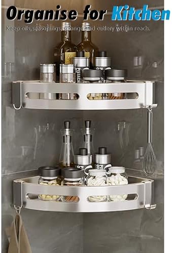 Doucheplank Hoekdoucheplank, boren niet nodig, douchemand, wandmontage met zelfklevende pad, zilverkleurig aluminium, set van 2, douchegel- en shampoohouder, hoekplank
