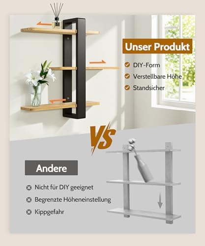 Houten wandplank, zwevende planken, hangplank, groter, praktische decoratieve planken met drie niveaus van massief hout voor de woonkamer en slaapkamer, afneembaar