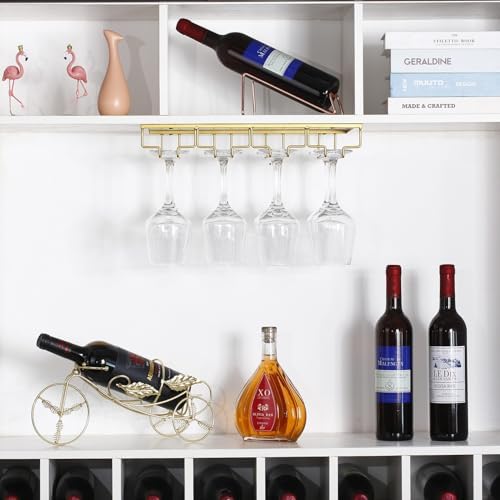 Set van 2 wijnrekjes met 4 rijen, metalen glazenstang, bevestiging onder de kast met schroeven, ophangbaar wijnrek voor thuisbar, keukenbar, café, restaurant