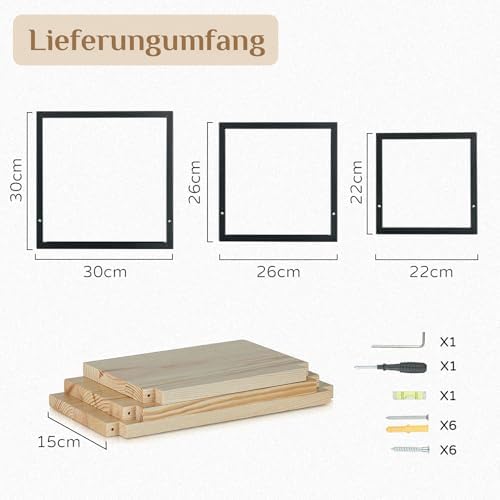 Metalen wandplank voor de woonkamer: set van 3 vierkante planken, moderne wanddecoratie, planken voor aan de muur, wandplank voor slaapkamer, badkamer, hoek