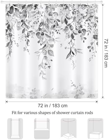 Douchegordijn Eucalyptusbladeren Bloemen Grijs-Zwart Aquarel Planten-douchegordijnen 180 x 180 cm Schimmelbestendig Waterdicht polyesterweefsel Wasbaar