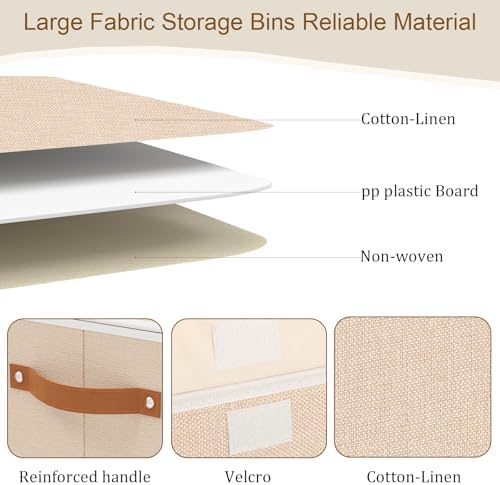 Opbergbox met deksel, stof, kastorganizer, kledingkast, opbergboxen met kijkvenster, opvouwbare box met handvat, 3 stuks, beige, 26 x 20 x 17 cm