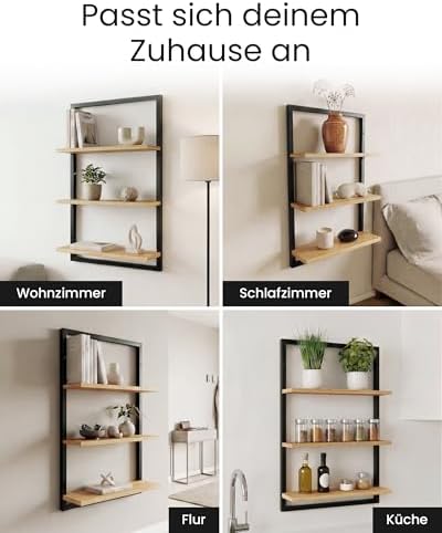 Wandplank van bamboe met zwart metalen frame, 75x50x15cm, hangende plank met modern design, wandplank van metaal en hout, wandmeubel voor de woonkamer