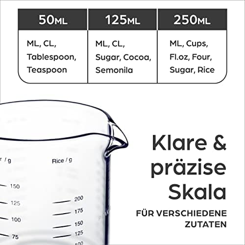 Set glazen maatbekers met schenktuit, 50 ml, 125 ml, 250 ml, nauwkeurige schaalverdeling, stapelbaar, hittebestendig en magnetronbestendig