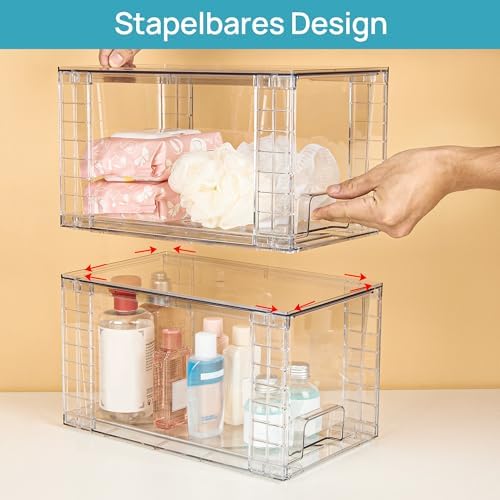 Set van 4 middelgrote stapelbare opberglades, transparante acryl lade-organizers met handgrepen, eenvoudige montage voor badkamer, kast, berging, make-up