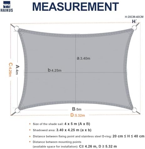 Zonnescherm, waterdicht, rechthoekig, 4 x 5 m, zonwering, waterafstotend premium PES-polyester met UV-bescherming voor balkon, tuin, terras, lichtgrijs