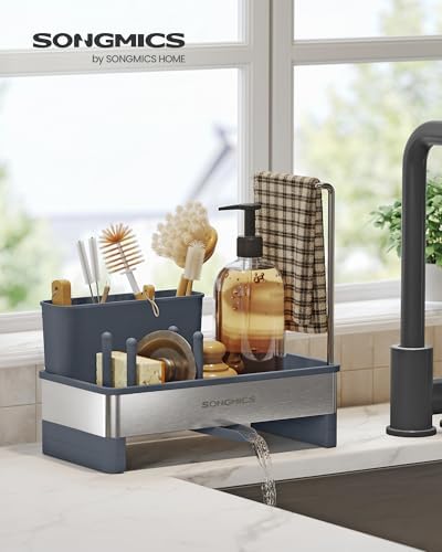 Afwasbak-organizer, keuken-organizer met sponshouder, afwasbak-organizer, voor borstels, afwasmiddel, theedoekhouder, roestvrij staal, ruimtebesparend, draaibaar