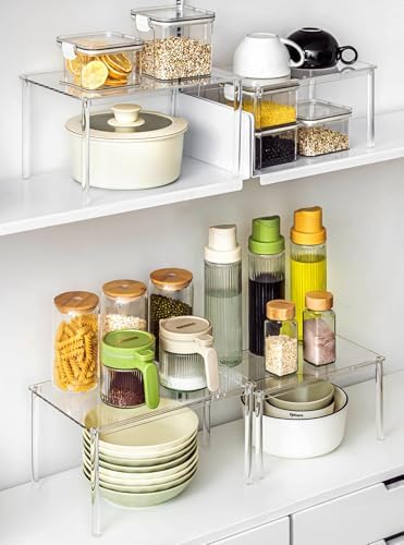 Transparant kruidenrek, keukenorganizer, gemonteerde keukenkast-organizer, set van 2 stapelbare kruidenorganizers, keukenhoekrek, mini-rek voor aanrecht