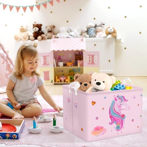 Roze eenhoorn-wasmand voor kinderen met handvat, opvouwbare opbergmand voor kleding en speelgoed, opbergbox voor meisjes, voor babykamer en badkamer, hart, 40 x 30 x 30 cm