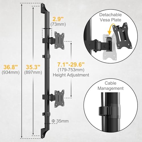 Wandbeugel voor twee monitoren van 17" – 32", max. 9 kg/arm, VESA 75/100, in hoogte verstelbaar, kantelbaar, draaibaar, kabelbeheer & ultradun voor gaming/thuiskantoor, eenvoudige montage, zwart