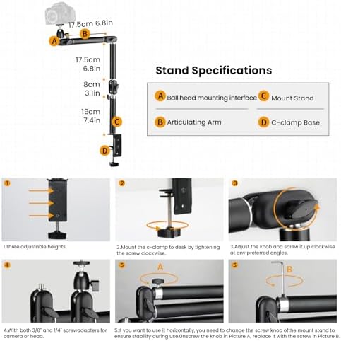 Overhead statief-camera-tafelstatief-klem – Flexibele knikarm voor bevestiging aan een tafel met 3/8-inch schroefdraad en 3/8-inch-naar-1/4-inch schroefadapter voor