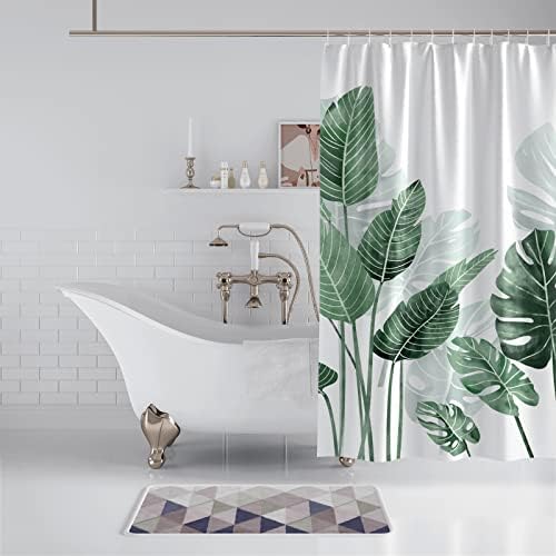 Douchegordijn, 180 x 180 cm, schimmelbestendig, met groene bladeren, planten, waterafstotend, douchegordijn van polyester, wasbaar, met 12 douchegordijnringen