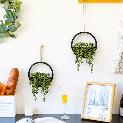 Kunstplanten om op te hangen, 31,8 cm, kunstparelketting in pot met 21,6 cm ophangkoord voor binnen en buiten, wanddecoratie, 2 stuks (zwart)