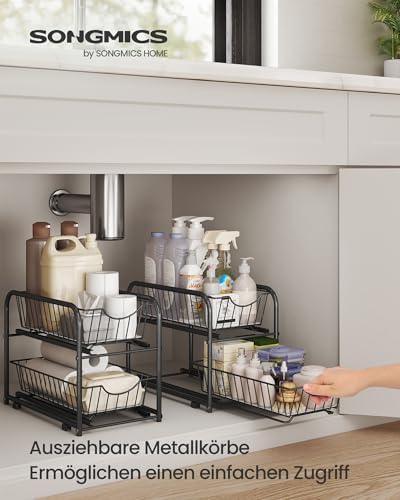 Keukenorganizer, keukenrek, opbergsysteem, 2 niveaus, stapelbaar, uitbreidbaar, met metalen manden, voor keuken, badkamer, diepzwart KCS017B01V1