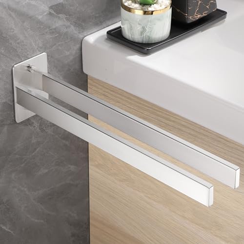 Handdoekhouder, boren, roestvrij staal 304, handdoekstang, dubbele handdoekhouder, rechthoekig, wandhanddoekhouder voor badkamer en keuken, 38 cm, zilver