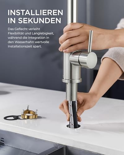 Keukenkran, hogedruk-keukenkran met uittrekbare sproeikop, uittrekbare kraan, mengkraan, spoelbakkraan, 360° draaibaar, twee sproeifuncties, roestvrij staal, S