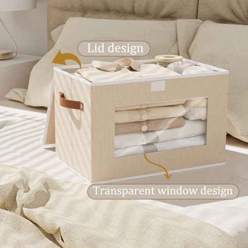 Opbergbox met deksel, stof, kastorganizer, kledingkast, opbergboxen met kijkvenster, opvouwbare box met handvat, 3 stuks, beige, 26 x 20 x 17 cm