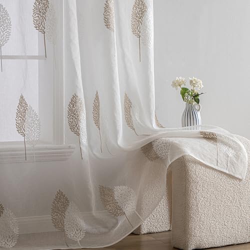 Woonkamer gordijnen, transparant, mooi bladpatroon, modern, geborduurd, oogjes, voor slaapkamerdecoratie, set van 2, raamgordijnen, 225 x 14