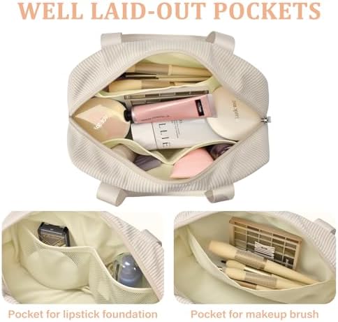 Make-uptasje voor dames, toilettas van corduroy, groot make-uptasje met vakken, make-uptasje, toilettas, tas, organizer, beige, Utility