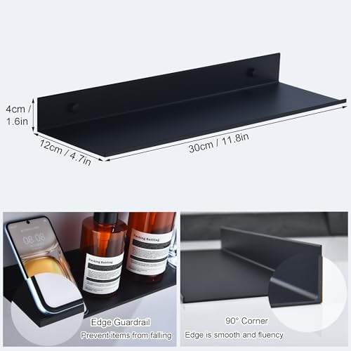 Zwart doucherek, zonder boren, klein metalen wandrek, set van 2, 30 cm badkamerrek, douchemand, decoratief wandrek voor woonkamer, keuken